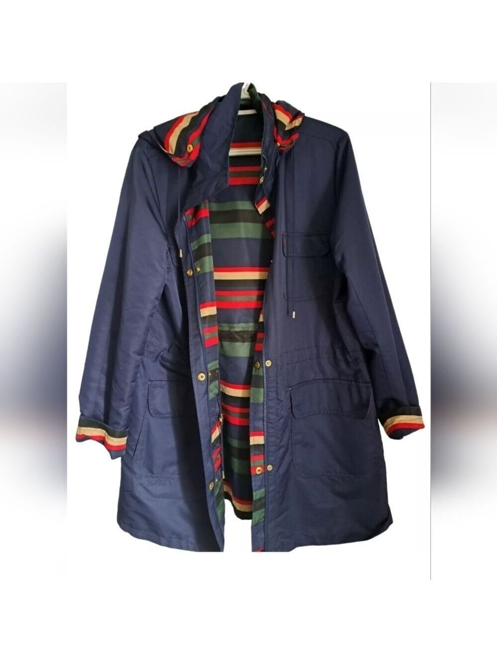 C WONDER Reversible hooded jacket solid navy multi stripe zip windbreaker size L - Picture 4 of 6